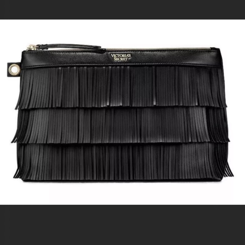 Victoria’s Secret Black Fringe Vegan Leather Purse / Make Up Bag